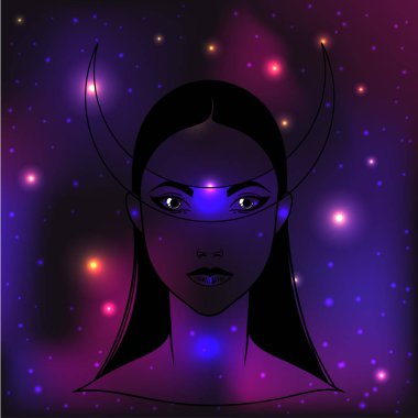 Yüzündeki bulutlar güzel kızla. Kadın portre veya gece tanrıçası. Fantezi, maneviyat, büyü, dövme ve trendy yazdırın. İzole vektör çizim.