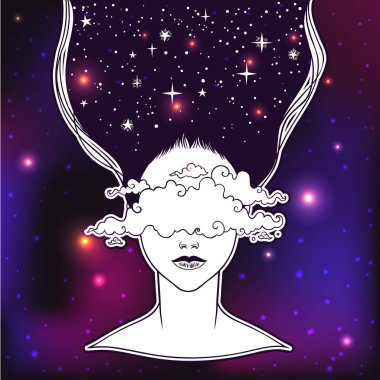 Yüzündeki bulutlar güzel kızla. Kadın portre veya gece tanrıçası. Fantezi, maneviyat, büyü, dövme ve trendy yazdırın. İzole vektör çizim.