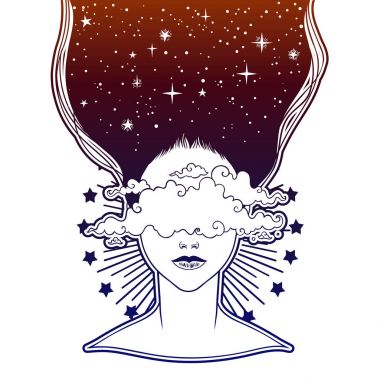 Yüzündeki bulutlar güzel kızla. Kadın portre veya gece tanrıçası. Fantezi, maneviyat, büyü, dövme ve trendy yazdırın. İzole vektör çizim.
