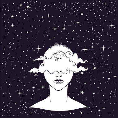 Yüzündeki bulutlar güzel kızla. Kadın portre veya gece tanrıçası. Fantezi, maneviyat, büyü, dövme ve trendy yazdırın. İzole vektör çizim.