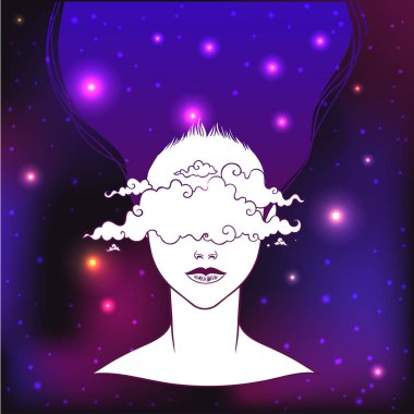Yüzündeki bulutlar güzel kızla. Kadın portre veya gece tanrıçası. Fantezi, maneviyat, büyü, dövme ve trendy yazdırın. İzole vektör çizim.