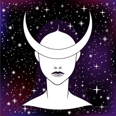 Bir ay taç güzel kızla. Kadın portre veya gece tanrıçası. Vektör illüstrasyon izole. Fantezi, maneviyat, büyü, dövme. Trendy yazdırma.