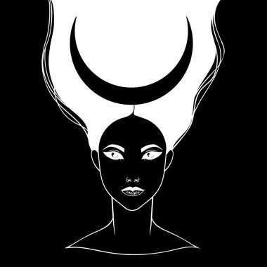 Bir ay taç güzel kızla. Kadın portre veya gece tanrıçası. Vektör illüstrasyon izole. Fantezi, maneviyat, büyü, dövme. Trendy yazdırma.