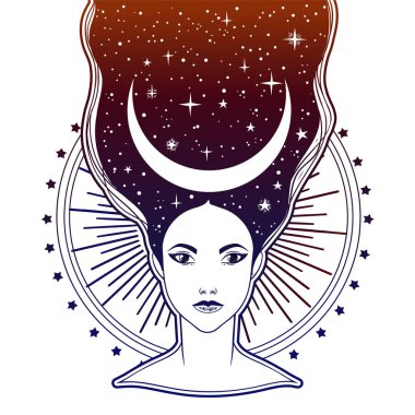Bir ay taç güzel kızla. Kadın portre veya gece tanrıçası. Vektör illüstrasyon izole. Fantezi, maneviyat, büyü, dövme. Trendy yazdırma.