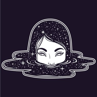 Vektör çizim siyah gözyaşları ile garip kız ve yıldız ile karanlık su birikintisi. Grafik Noir sanat. Karakter tasarımı. Fantezi, güzellik, boho tarzı etiketleri.