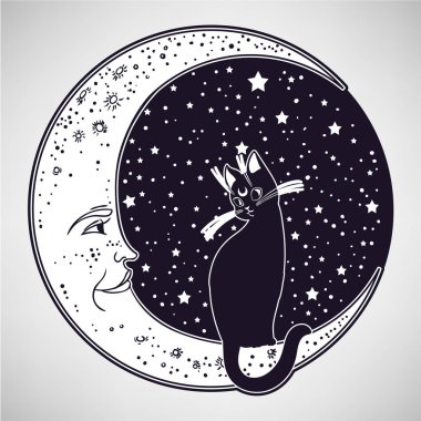 Ayda kedi. Vektör illüstrasyon izole. İdeal Cadılar Bayramı arka plan, dövme sanat, maneviyat, boho tasarım.
