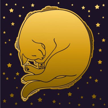 Vektör uyku kedi. Karanlık dövme illüstrasyon. Tasarım logo, davet, parti, kağıt, desen ve vb için