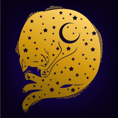 Vektör uyku kedi. Karanlık dövme illüstrasyon. Tasarım logo, davet, parti, kağıt, desen ve vb için