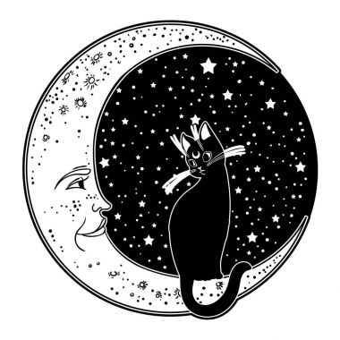Ayda kedi. Vektör illüstrasyon izole. İdeal Cadılar Bayramı arka plan, dövme sanat, maneviyat, boho tasarım.
