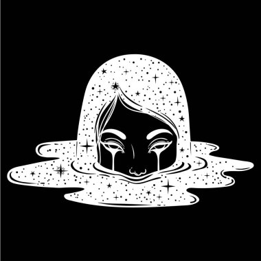 Vektör çizim siyah gözyaşları ile garip kız ve yıldız ile karanlık su birikintisi. Grafik Noir sanat. Karakter tasarımı. Fantezi, güzellik, boho tarzı etiketleri.