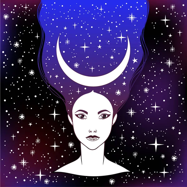 Beautiful Girl Moon Crown Female Portrait Night Goddess Isolated Vector — Stock Vector