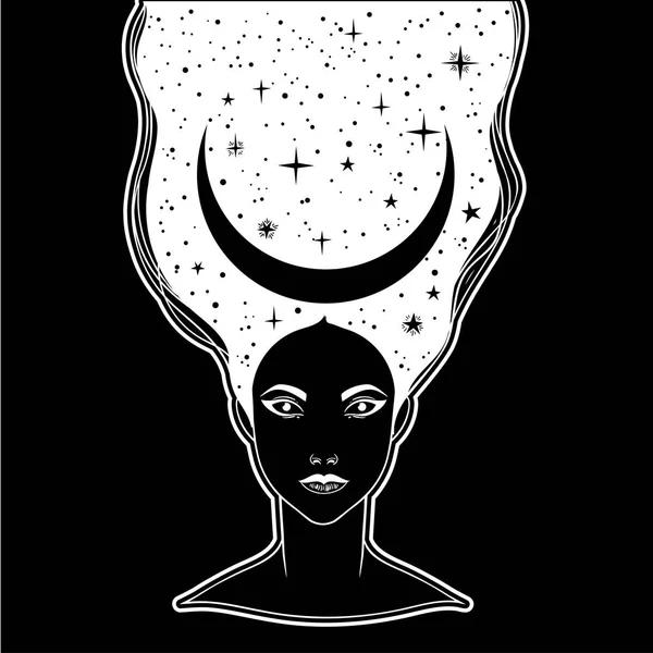 Krásná Dívka Korunou Měsíc Ženský Portrét Nebo Noční Bohyně Izolované — Stockový vektor