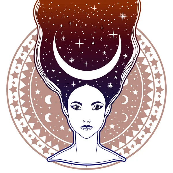 Menina Bonita Com Uma Coroa Lua Retrato Feminino Deusa Noite — Vetor de Stock