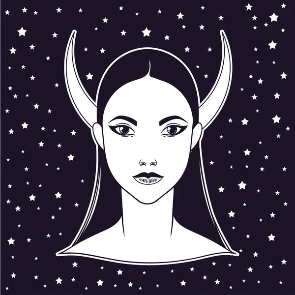 Красивая Девушка Лунной Короной Женский Портрет Богиня Ночи Изолированная Векторная — стоковый вектор
