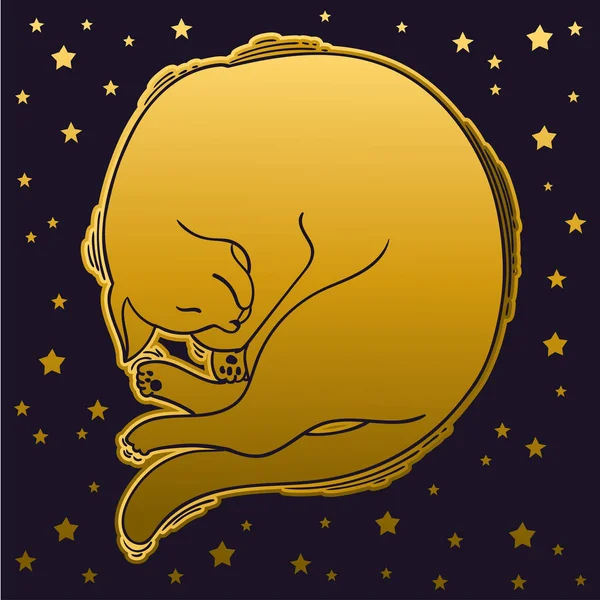 Vektör uyku kedi. Karanlık dövme illüstrasyon. Tasarım logo, davet, parti, kağıt, desen ve vb için