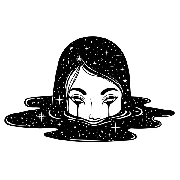 Vector Illustration Weird Girl Black Tears Dark Puddle Stars Graphic — Stock Vector