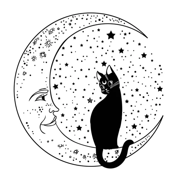 Gato Luna Ilustración Vectorial Aislada Fondo Ideal Halloween Arte Del — Vector de stock