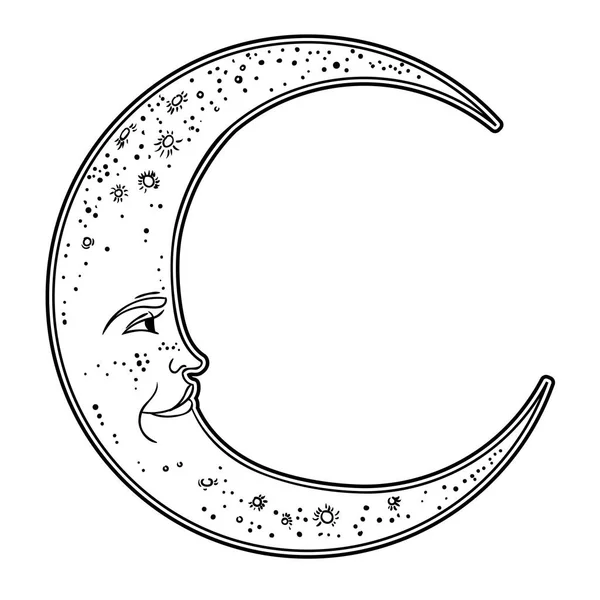 月亮上的猫 矢量隔离插图 理想的万圣节背景 纹身艺术 波西米亚设计 — 图库矢量图片