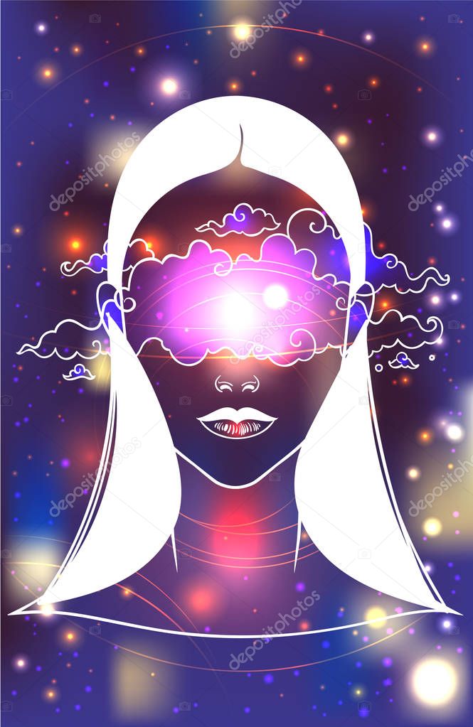 The beautiful girl with the clouds on her face. Female portrait or night goddess.  Fantasy, spirituality, occultism, tattoo and trendy print. Isolated vector illustration.