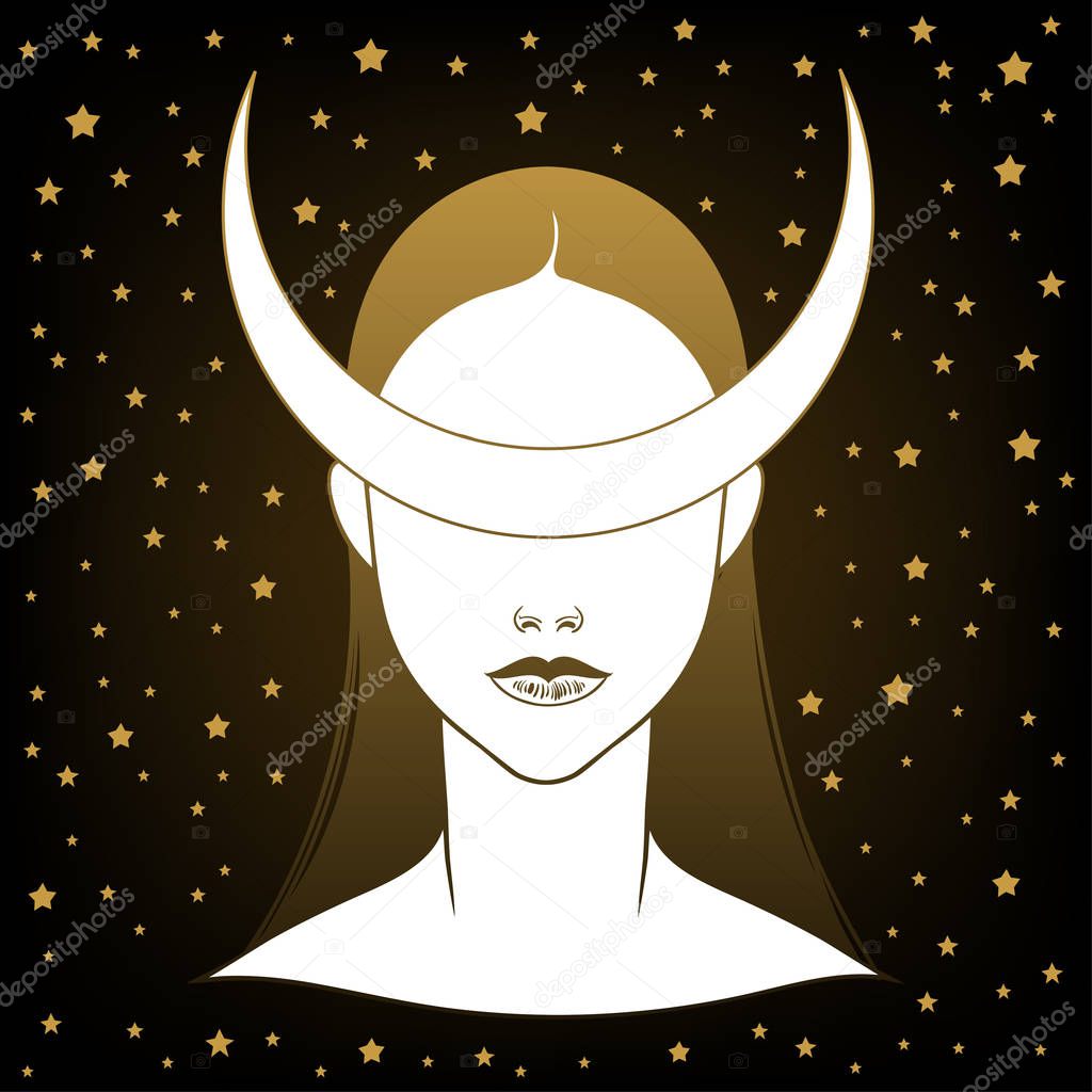 The beautiful girl with a moon crown. Female portrait or night goddess. Isolated vector illustration. Fantasy, spirituality, occultism, tattoo. Trendy print.