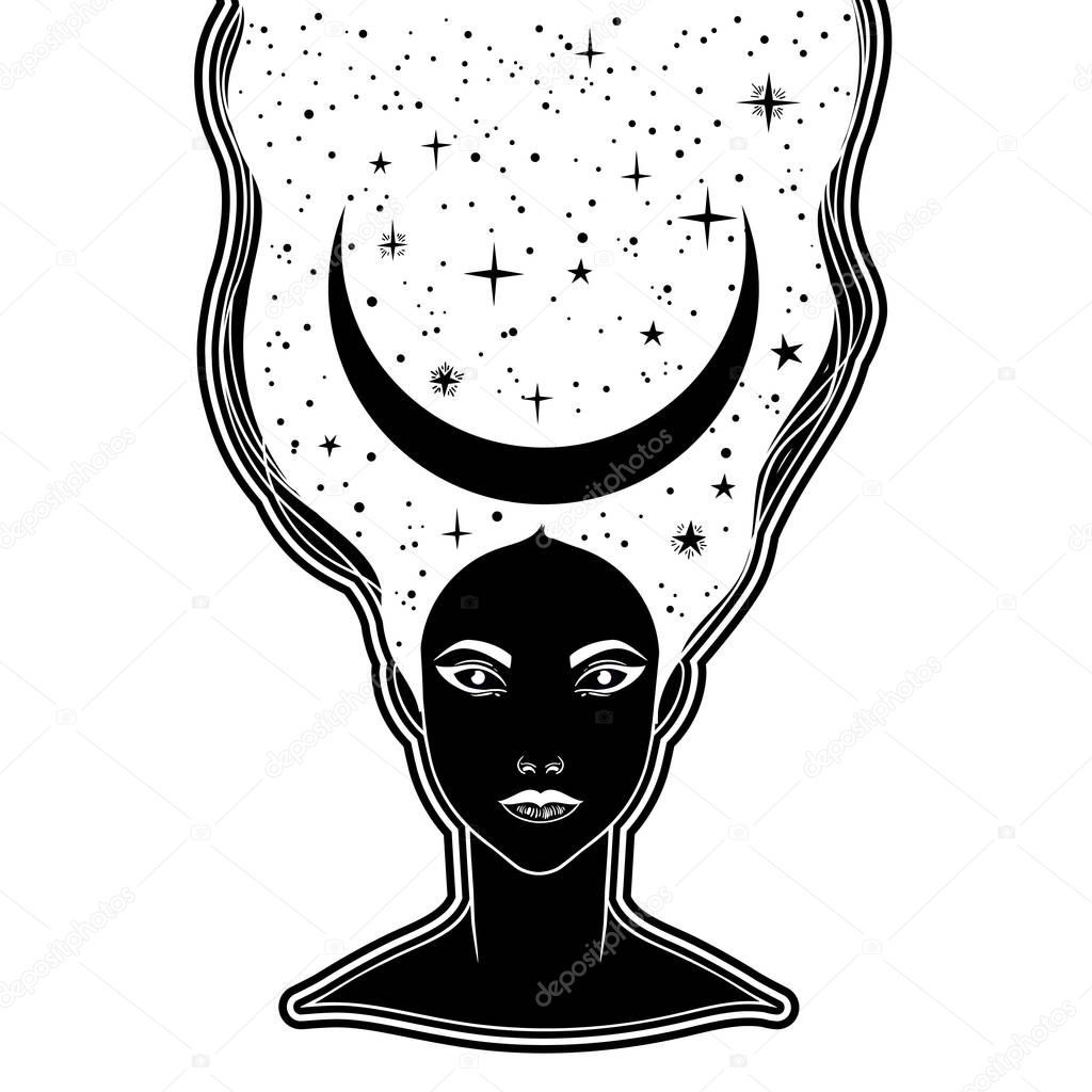 The beautiful girl with a moon crown. Female portrait or night goddess. Isolated vector illustration. Fantasy, spirituality, occultism, tattoo. Trendy print.