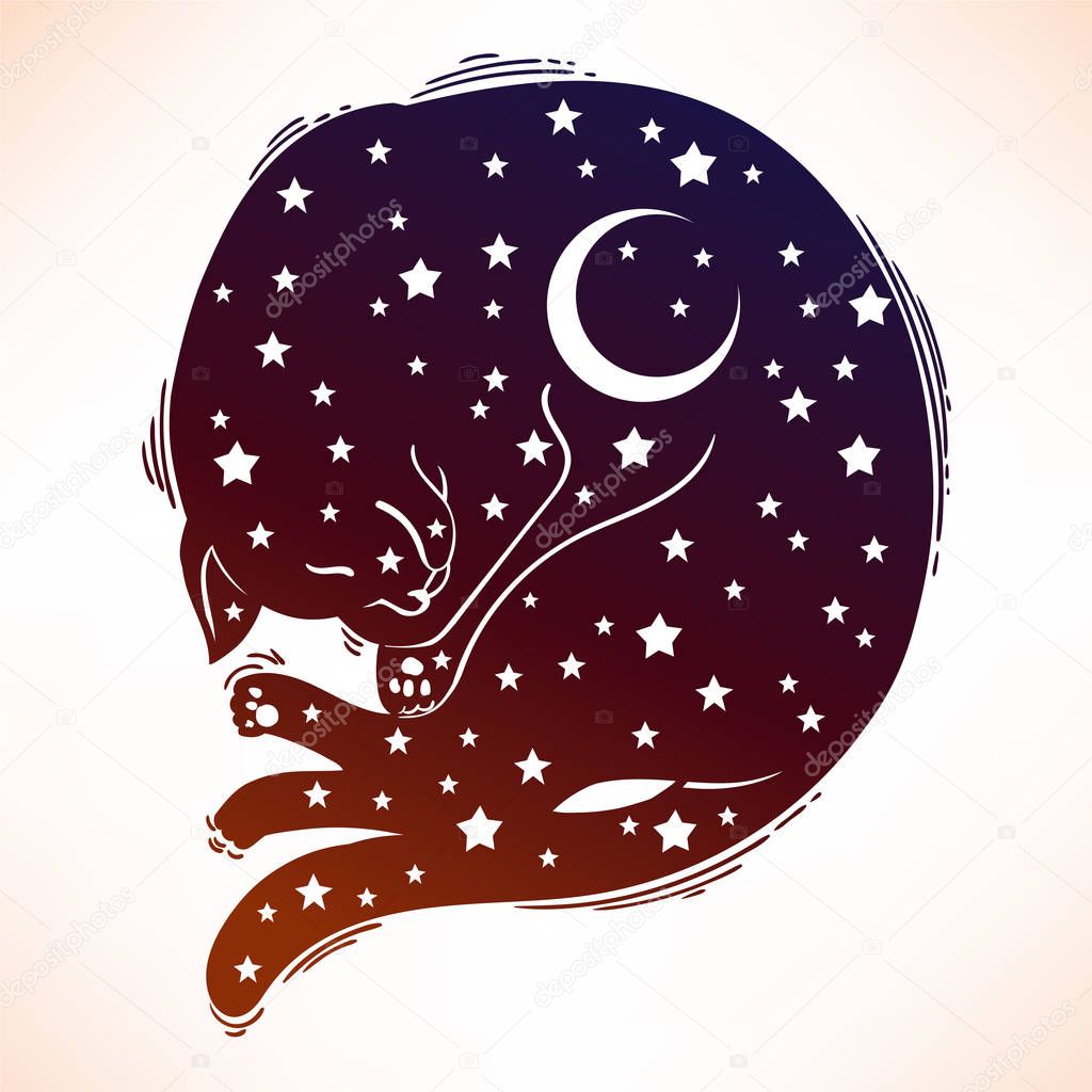 Vector sleep cat. Dark tattoo illustration. For your design logo, invitation, party, paper, pattern and etc