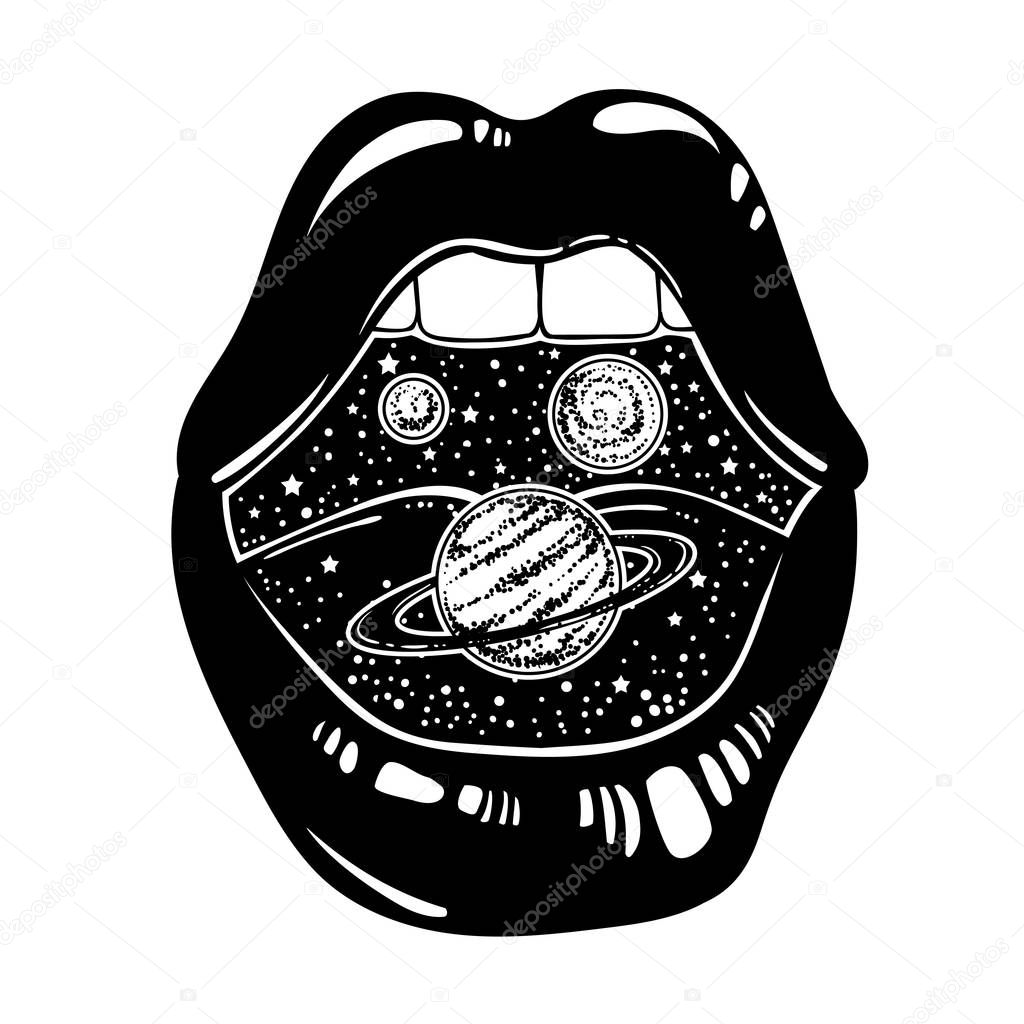 Vector hand drawn illustration of female mouth with planets inside. Surreal tattoo artwork and trendy print.