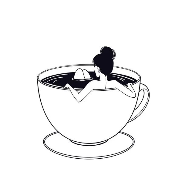 Kreslená Postavička Krásná Dívka Koupel Šálku Kávy Vektor Ilustrace — Stockový vektor