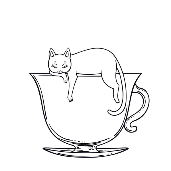 Çay Vektör Illüstrasyon Fincan Üzerinde Uyku Çizilmiş Kedi — Stok Vektör