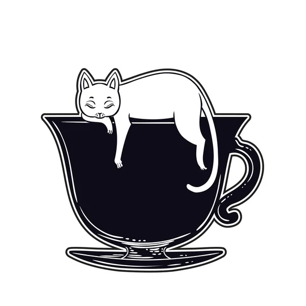 Mão Desenhado Gato Dormindo Xícara Chá Vetor Ilustração — Vetor de Stock
