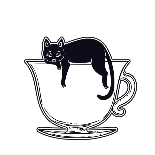 手绘猫睡在杯茶 — 图库矢量图片