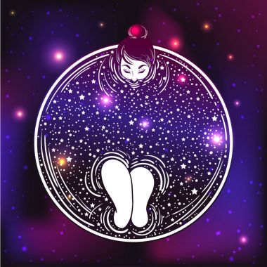 sevimli kız alma banyosunda Kupası yıldız koyu dövme stil, vektör, illüstrasyon 