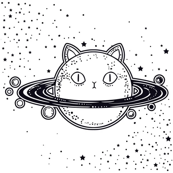 Hand Dras Planet Med Katt Huvud Vektor Illustration — Stock vektor