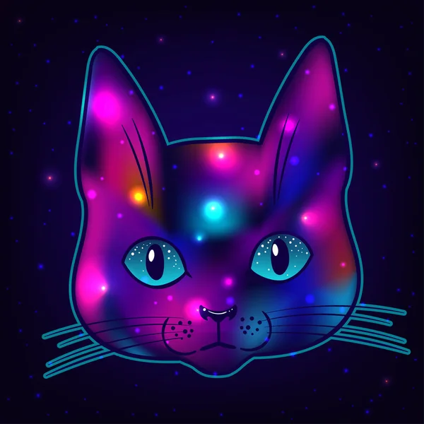 Tête Chat Dessinée Main Avec Cosmos Étoiles Intérieur Vecteur Illustration — Image vectorielle