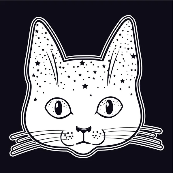 Hand Drawn Cat Head Cosmos Stars Vector Illustration — Stock Vector
