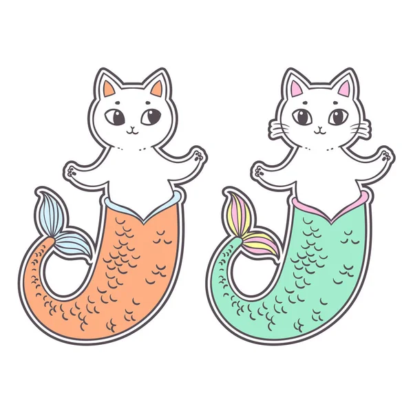 Hand Drawn Cute Cat Mermaids Vector Illustration — Stock Vector