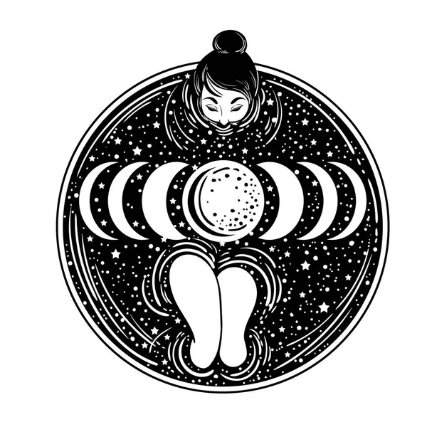 星と月の暗い入れ墨のスタイル ベクトル イラストのカップでかわいい女の子入浴 — ストックベクタ