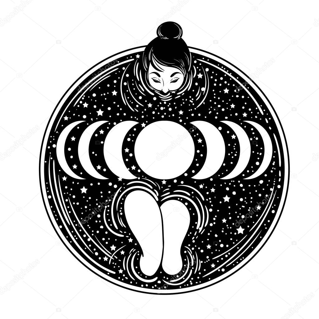 cute girl taking bath in cup with stars and moon in dark tattoo style, vector, illustration 