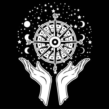 Güzel el-çizim elini pusula cosmos arka plan üzerinde tutuyor. Vektör illüstrasyon izole. Dövme tasarım, kendi kullanımınız için mistik sihirli sembolü.