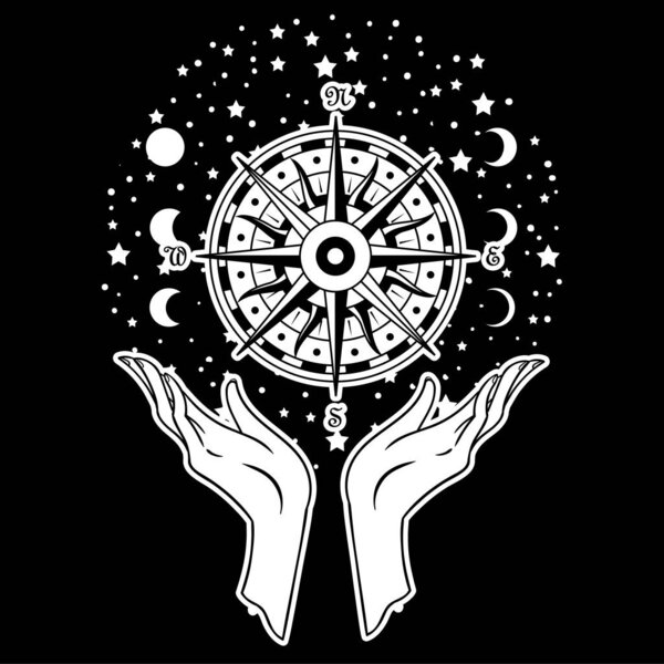 Beautiful hand-drawing hand is holding compass on cosmos background. Vector illustration  isolated. Tattoo design, mystic magic symbol for your use.