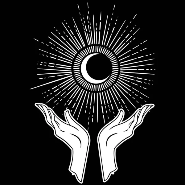 Beautiful hand-drawing hand is holding the Moon on cosmos background. Vector illustration  isolated. Tattoo design, mystic magic symbol for your use. — Stock Photo, Image