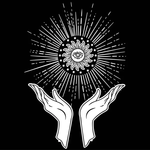 Beautiful hand-drawing hand is holding Sun on cosmos background. Vector illustration  isolated. Tattoo design, mystic magic symbol for your use.