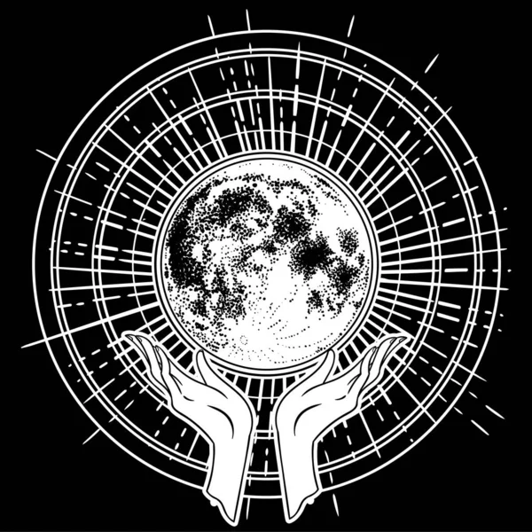 Красива ручна малювання аквареллю тримає Місяць на фоні космосу. Векторні ілюстрації ізольовані. Дизайн татуювання, містичний символ магії для вашого використання . — стокове фото