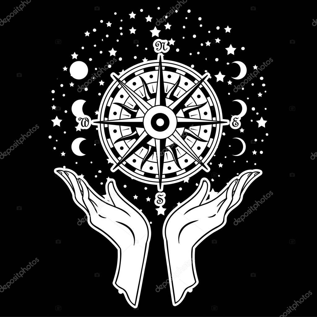 Beautiful hand-drawing hand is holding compass on cosmos background. Vector illustration  isolated. Tattoo design, mystic magic symbol for your use.