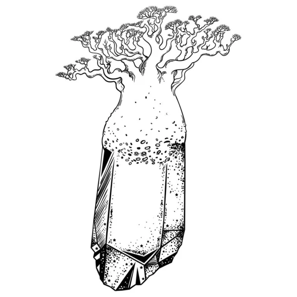 Sihirli Kristalin Üzerindeki Sıra Dışı Büyük Ağaç Çizimi Vektör Illüstrasyonu — Stok fotoğraf