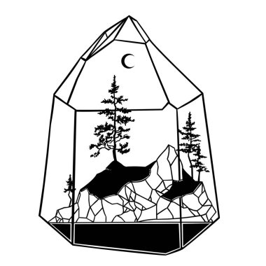 Sihirli kristalin içinde çam ağaçları ve dağlar olan mistik ada manzarası. Vektör illüstrasyonu.