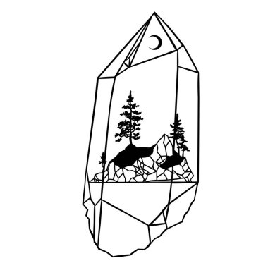 Sihirli kristalin içinde çam ağaçları ve dağlar olan mistik ada manzarası. Vektör illüstrasyonu.