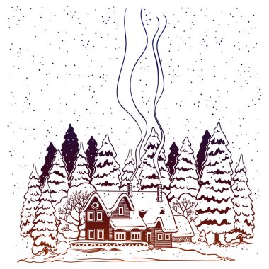 Köylü ve Noel ağaçlı kış manzarası. Noel 'de ve yeni yılda şehir. Vektör illüstrasyonu.