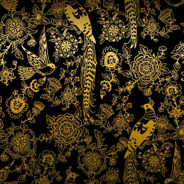 Dark Enchanted Vintage Flowers Birds Seamless Pattern Vector Bosque Mágico —  Fotos de Stock