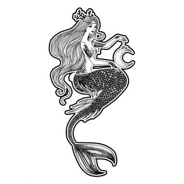 Beautiful mermaid with human skull in her hands hand drawn illustration. Sea, fantasy, spirituality, mythology, tattoo art, coloring books. Isolated vector illustration. clipart